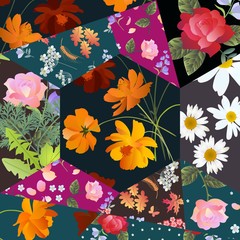 Festive patchwork pattern with cosmos, rose, daisy and bell flowers.