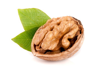 Walnut with leaf isolated on white background