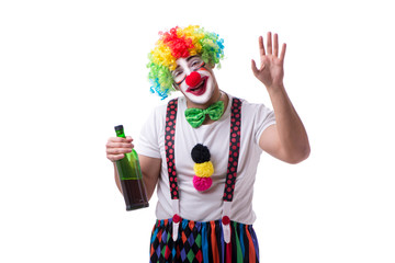 Funny clown with a bottle isolated on white background