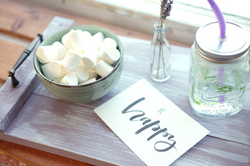 Fresh summer breakfast snack with marshmallows and lavender