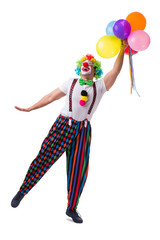 Funny clown with balloons isolated on white background