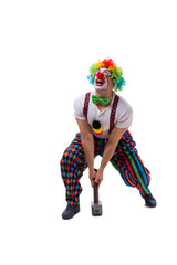 Funny clown with a hammer isolated on white background