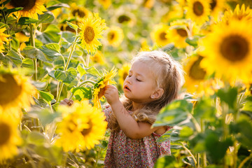 Naklejka premium beautiful little girl in sunflowers