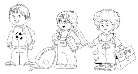Back to school. Coloring book. Coloring page. Cute and funny cartoon characters