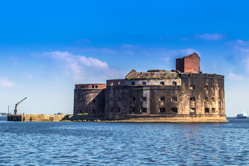 Maritime fort. Marine strengthening. Kronstadt. Old buildings. Russia. The Gulf of Finland.