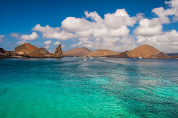 View of two beaches on Bartolome Island in the Galapagos Islands in Ecuador