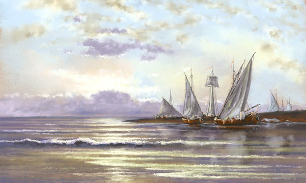 Sea landscape, boats, fisherman, oil digital paintings