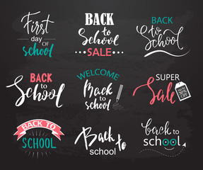 Fototapeta na wymiar Set of Welcome back to school labels. School Background. Back to school sale tag. Vector illustration. Hand drawn lettering badges. Typography emblem set.