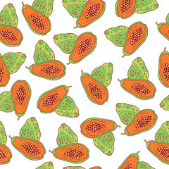 Papaya seamless pattern. Raster graphic art background with tropical exotic fruits