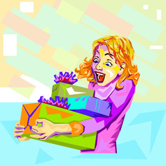 Comic book isolated on background. Pop art retro style. Surprised girl with open mouth. Comic woman holding stack of colorful gift boxes. Advertising poster. Romantic girl hiding her face. 