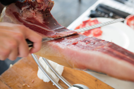 Sliced "jamon iberico de pata negra" traditional spanish cured ham