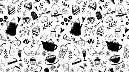 Coffee, tea and desserts seamless pattern. Black and white background with food for cafe design