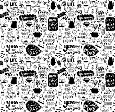 Cafe seamless pattern. Hand drawn tea and coffee pots, desserts and inspirational captions. Menu cover design, wallpaper stencil. Black and white typography background.