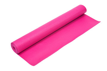 Pink foam yoga and pilates mat isolated on white background