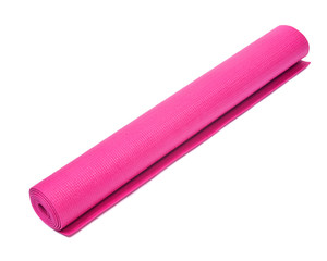 Pink foam yoga and pilates mat isolated on white background