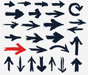 Painted arrows. Different shapes from brush strokes, Vector arrow grunge set