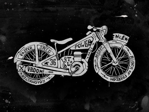 Hand Drawn Silhouette Of Vintage Motorcycle Filled With Text. Grunge Illustration