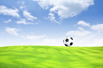 Football on green grass Sky background
