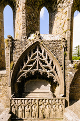 Ornate ancient carved stonework in Strade Abbey, County Mayo, Ireland