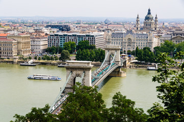 Széchenyi Chain Bridge over the Danube, and looking towards St. Stephen's Basilica, Budapest