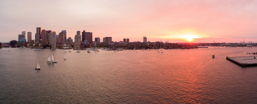 Aerial image of a beautiful sunset over Boston