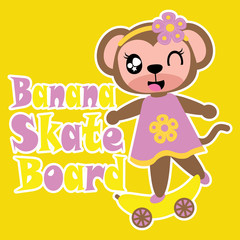 Cute monkey girl with banana skateboard vector cartoon illustration for kid t shirt design, nursery wall, and wallpaper