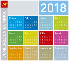 Colorful Calendar for Year 2018, in Spanish. Week starts on Sunday