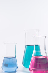science and clinic background. Chemical and Medical laboratory research.  laboratory beakers with colorful liquids and reagents.