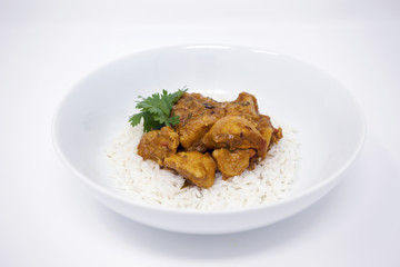 Chicken Curry In A Bowl With White Basmati Rice And Cilantro