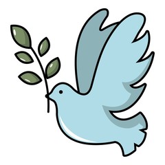 Pigeon with olive branch icon, cartoon style