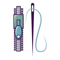 Zipper and needle icon, cartoon style