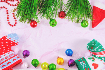 Christmas and New Year decorations. greeting card with christmas balls and  fir tree. Copy space.