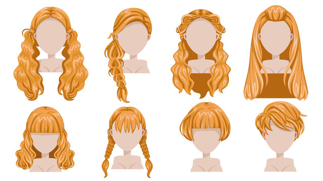 Blonde hair of woman modern fashion for assortment. long hair, short hair,  curly hair trendy haircut icon set. Easy to modify for print, web,  interactive, mobile. isolated on white background. Stock Vector |