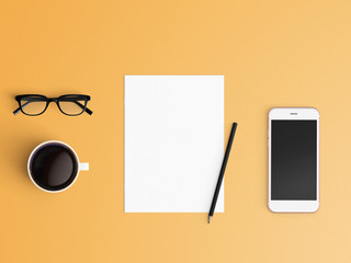 Modern office desk workplace with blank paper, coffee cup, sunglasses and smartphone copy space on color background. Top view. Flat lay style.