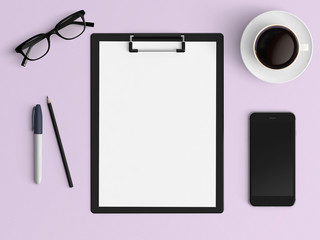 Modern office desk workplace with blank paper, coffee cup, pencil and smartphone copy space on color background. Top view. Flat lay style.