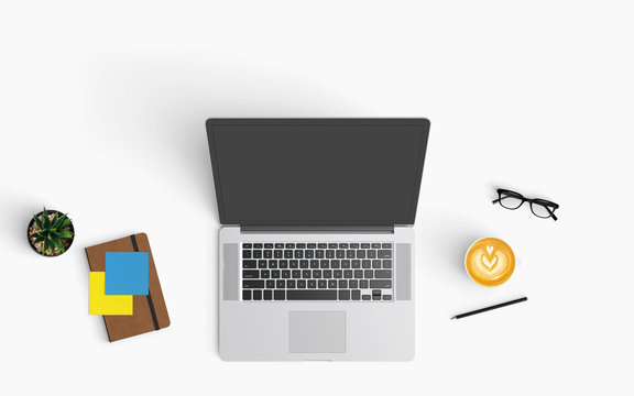 Modern workspace with coffee cup, smartphone, paper, notebook, tablet and laptop copy space on white color background. Top view. Flat lay style.