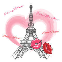 Fototapeta na wymiar Love Paris poster with Eiffel tower, heart and lips, vector illustration
