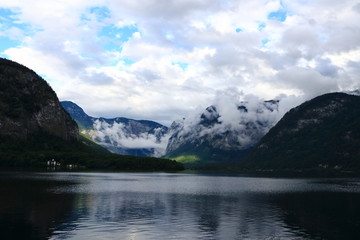 Fototapeta na wymiar Photo of mountain and lake in Hallstatt of Austria