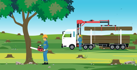 Man cutting tree using electric saw with tree truck