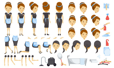 Housekeeping cartoon creation set.animated character. Icons with different types of faces and hair style, emotions, front, rear, side view of female person.Moving arms, legs. Easy to modify for works.