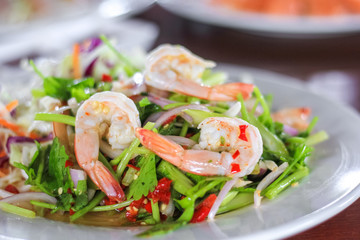 Chinese kale spicy salad with fresh shrimp