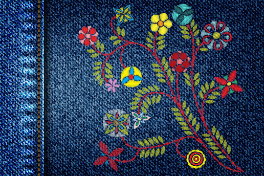 Girl denim texture with embroidery colorful trend floral bouquet. Contemporary traditional folk with color flowers arrangements on blue background for dress design. Stitch patch jeans dress.  Vector.