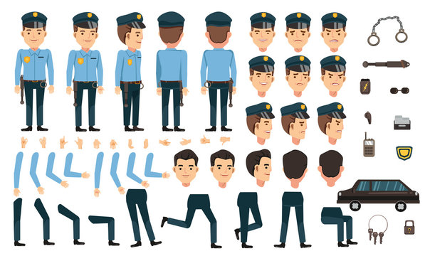 Security guard creation set. animated character. Icons with different types of faces and hair style, emotions, front, rear, side view of male person. Moving arms, legs.Vector Isolated on background