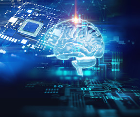 3d rendering of human  brain on technology background