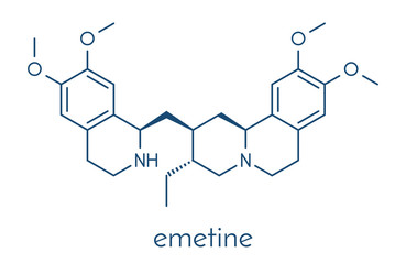 Emetine molecule. Has emetic (induces vomiting) and anti-protozoal properties. Skeletal formula.
