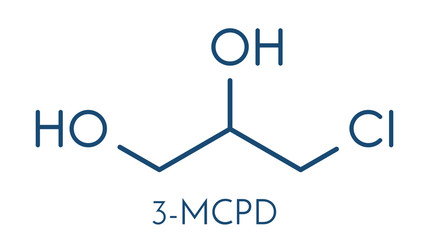 3-MCPD carcinogenic food by-product molecule. Produced when hydrochloric acid is added to food to speed up protein hydrolysis. Skeletal formula.