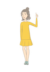 Hippie woman with open mouth pointing finger up.