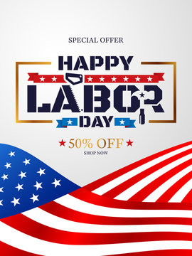 Happy Labor Day with American flag background.Labor Day Sale promotion advertising banner template.American labor day wallpaper.Vector illustration.