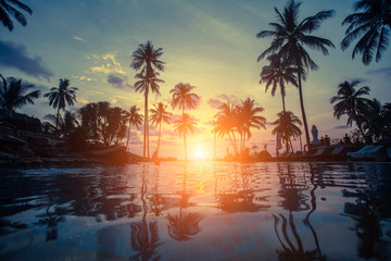 Fototapeta na wymiar Silhouettes of palm trees on the sea tropical beach during an amazing sunset.