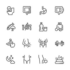 Cause, effect, and prevention of constipation or digestive system. Vector line icons